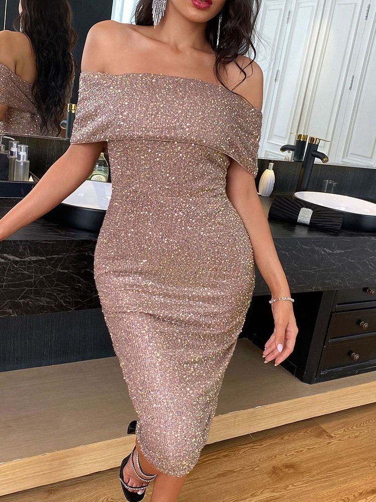 Off Shoulder Kortärmad Paljetter Western Bodycon Klänning