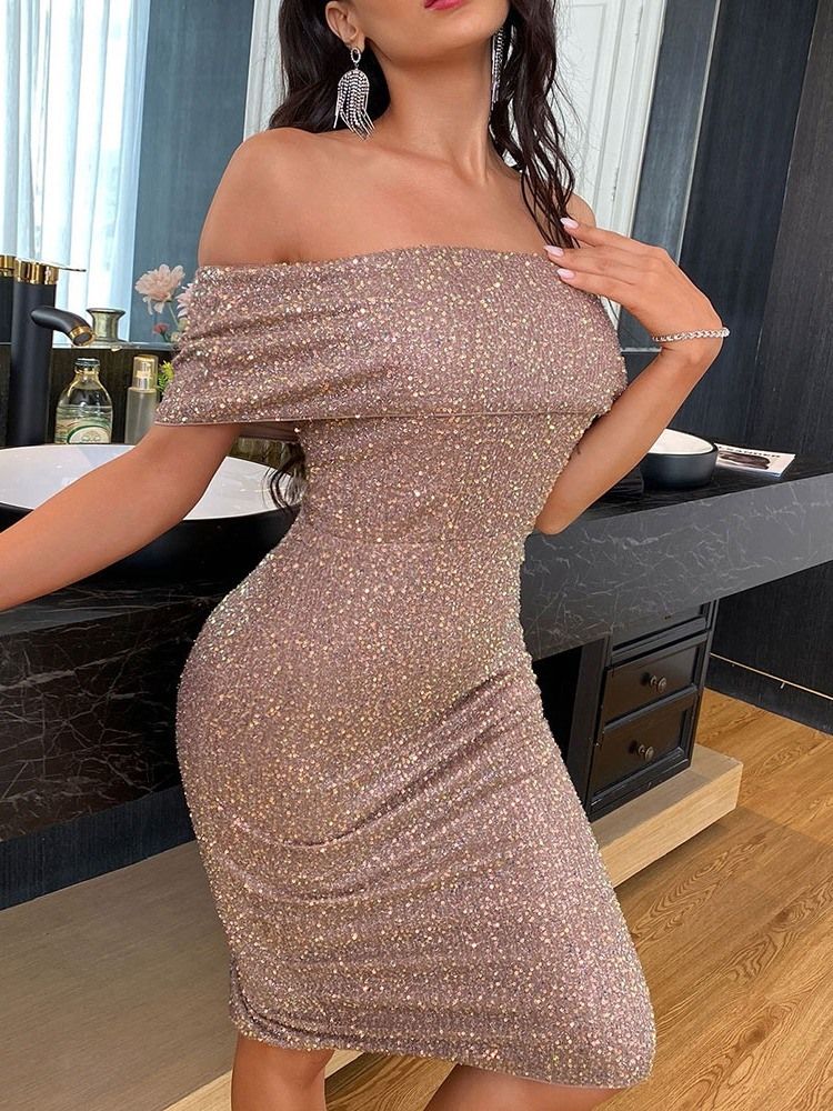 Off Shoulder Kortärmad Paljetter Western Bodycon Klänning