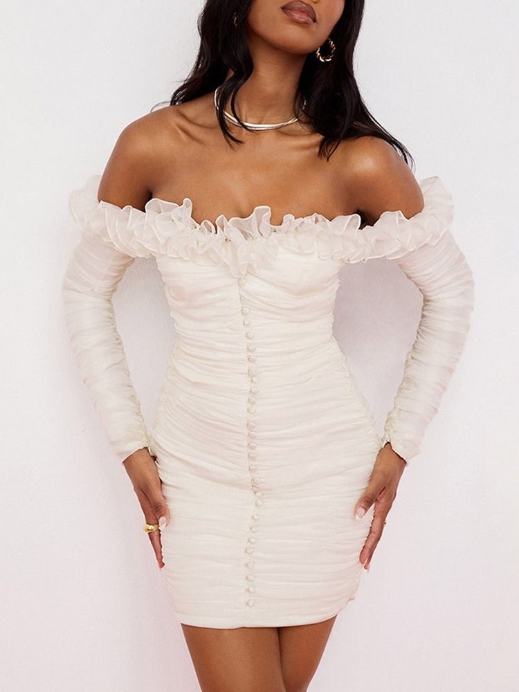 Off Shoulder Långärmad Ovanför Knä Hög Midja Vit Bodycon Klänning