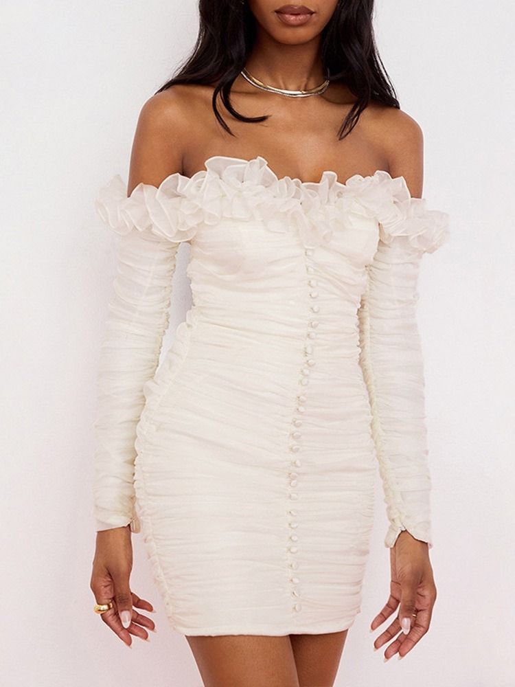 Off Shoulder Långärmad Ovanför Knä Hög Midja Vit Bodycon Klänning