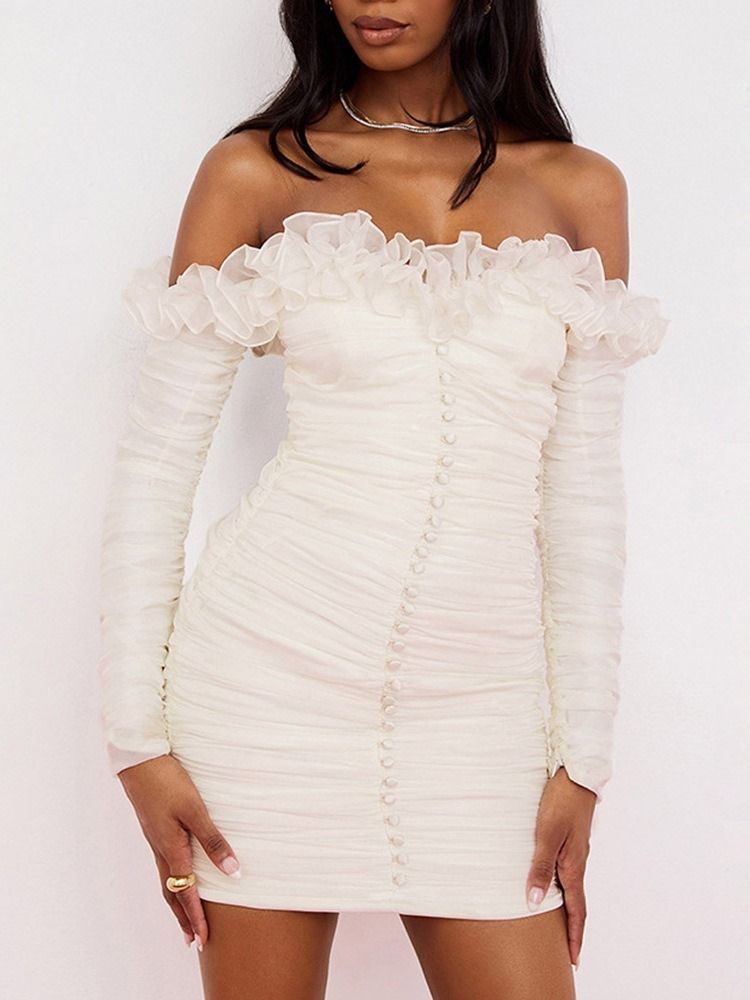 Off Shoulder Långärmad Ovanför Knä Hög Midja Vit Bodycon Klänning