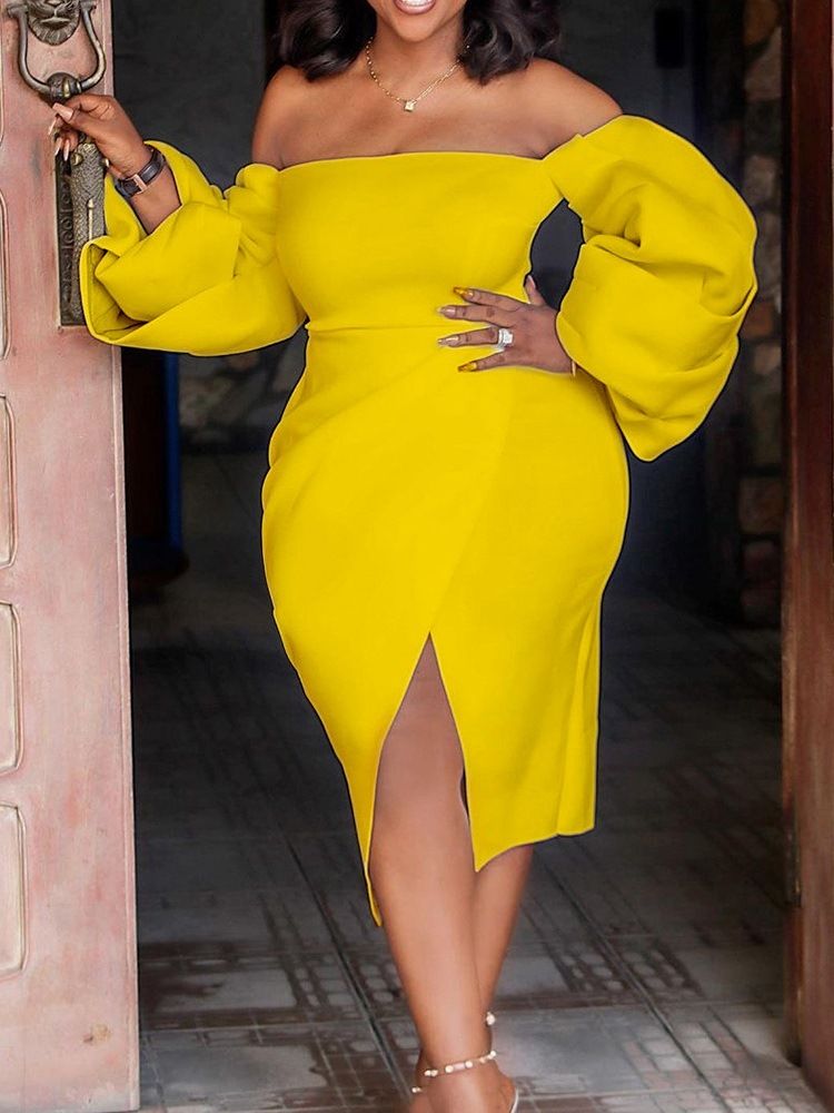 Off Shoulder Mid-Calf Långärmad Pullover Bodycon Klänning