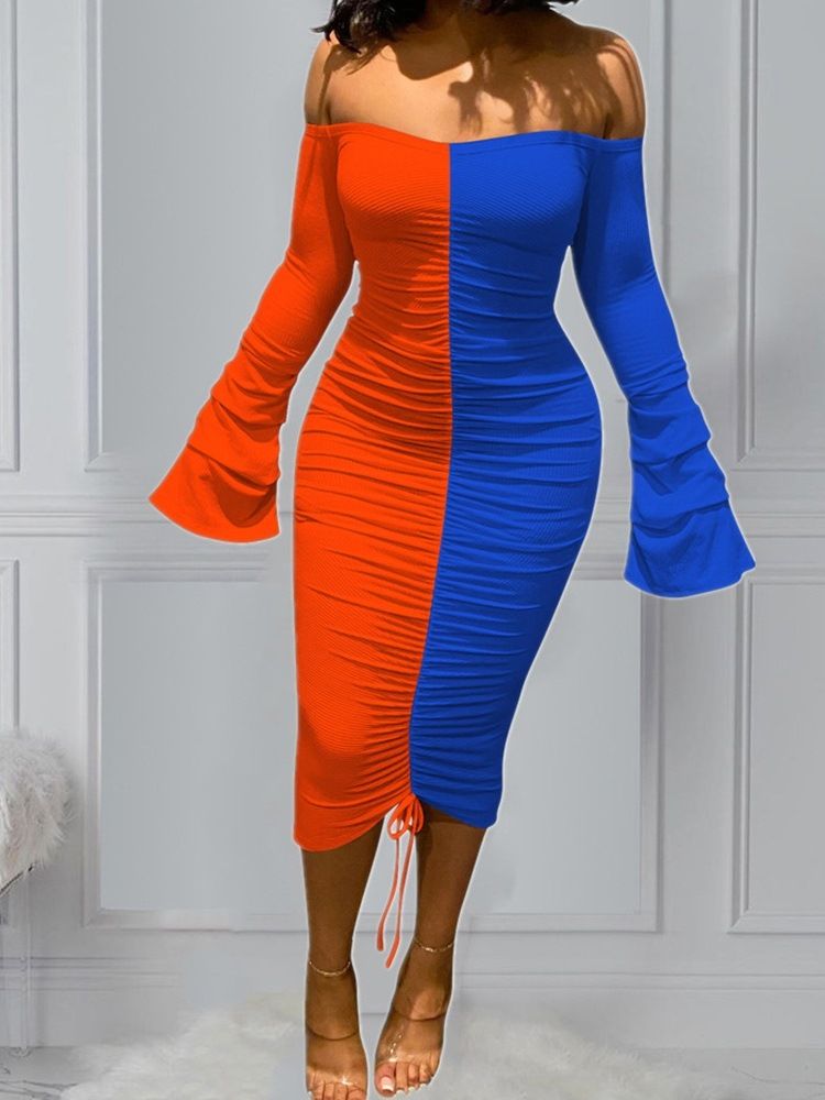 Off Shoulder Patchwork Mid-Calf Color Block Pullover Klänning