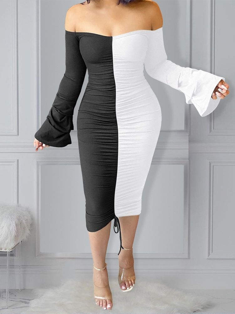 Off Shoulder Patchwork Mid-Calf Color Block Pullover Klänning
