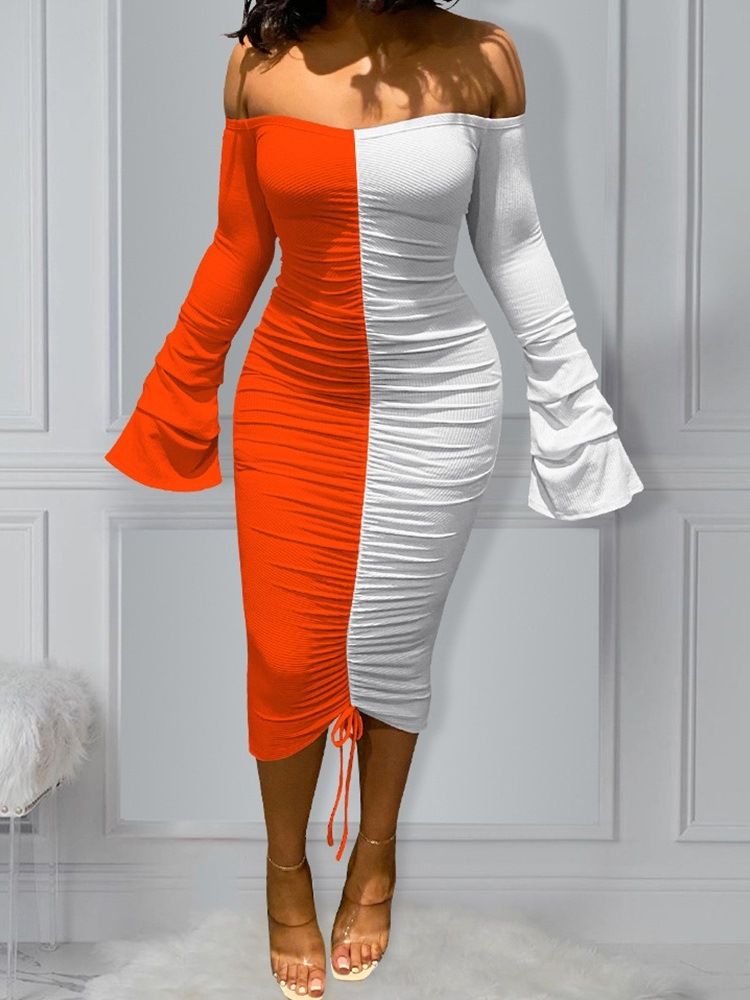 Off Shoulder Patchwork Mid-Calf Color Block Pullover Klänning