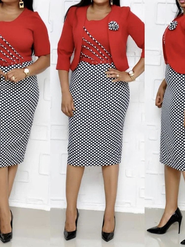 Ol Print Mid-Calf Kortärmad Ladylike Patchwork Bodycon Klänning