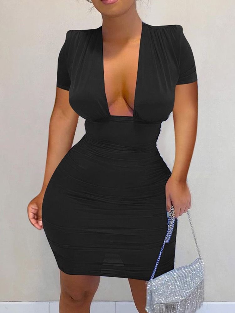Ovanför Knäet Kortärmad V-Ringad Bodycon Pulloverklänning