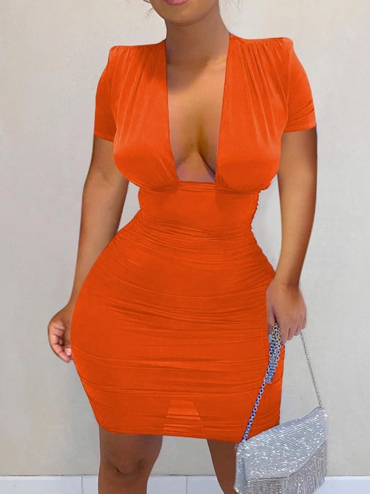 Ovanför Knäet Kortärmad V-Ringad Bodycon Pulloverklänning