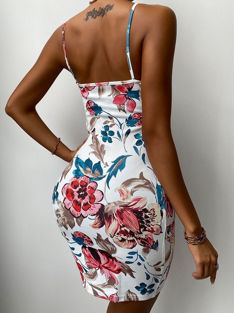 Ovanför Knätryck Ärmlös Tröja Spaghetti Strap Blommig Bodycon Klänning