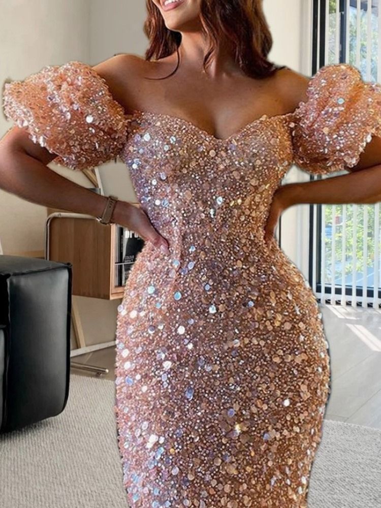 Paljetter Kortärmad Golvlång Puffärmad Sexig Bodycon Klänning
