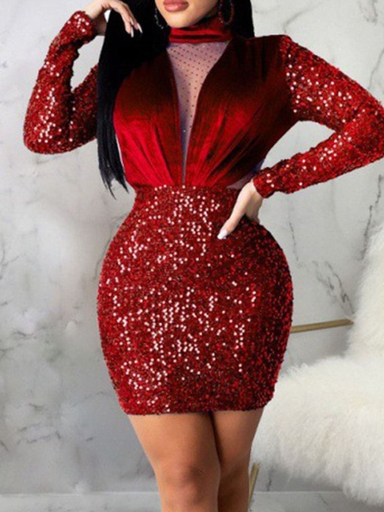 Paljetter Långärmad Turtleneck Vanlig Bodycon Klänning