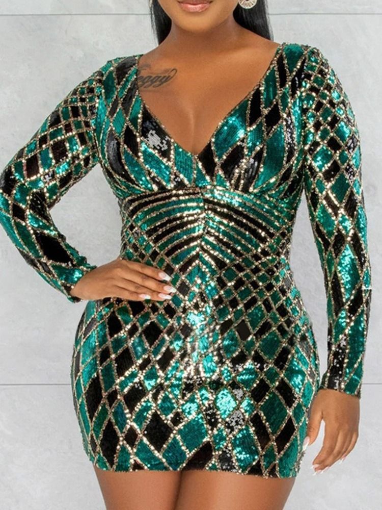 Paljetter V-Ringad Långärmad Sommar Office Lady Bodycon Klänning