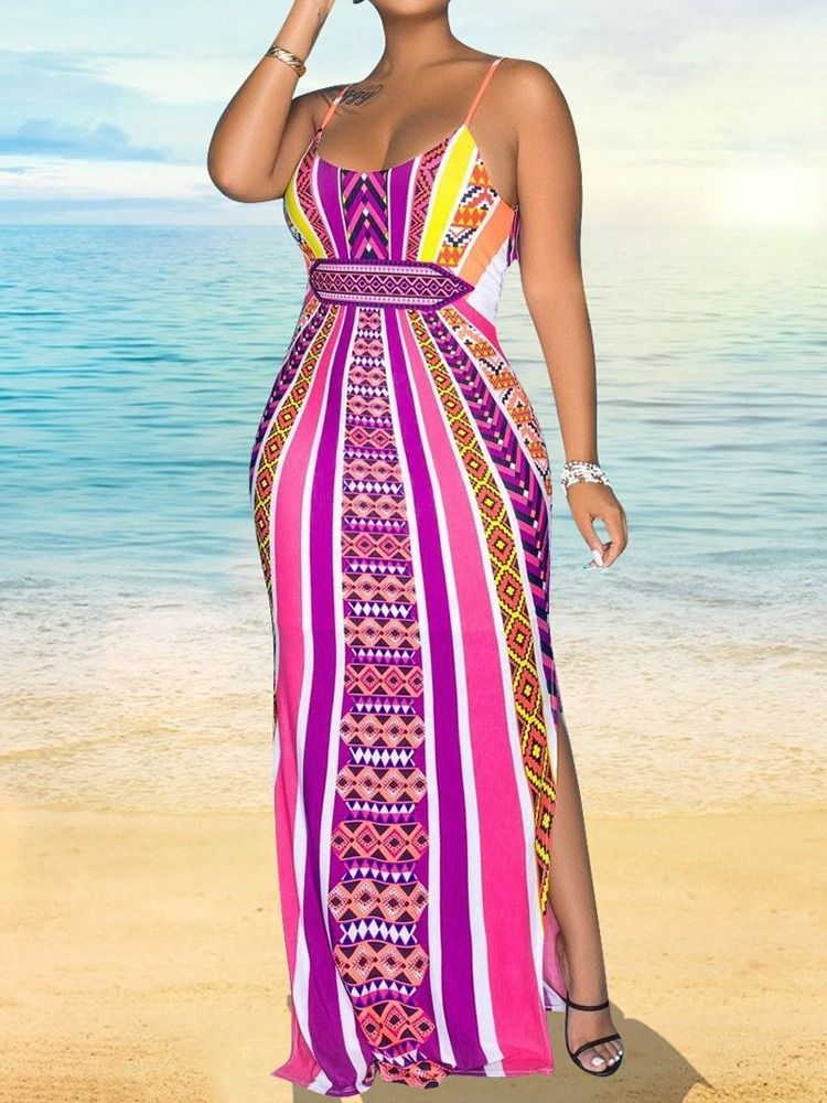 Patchwork Ärmlös Golvlång Spaghettirem Bodycon Klänning Vit Klänning