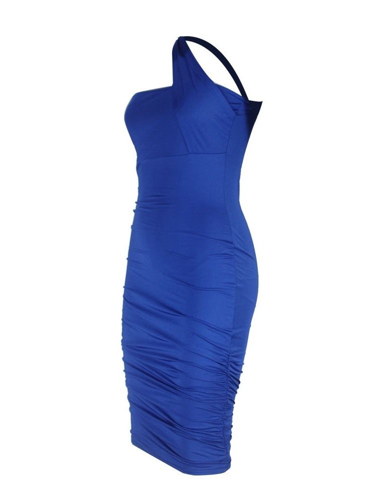 Patchwork Ärmlös Mid-Calf Plain Blue Bodycon Klänning