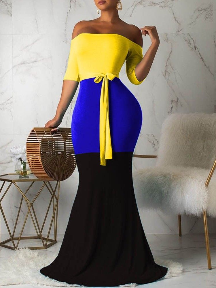 Patchwork Golvlängd Off Shoulder Color Block Mermaid Klänning