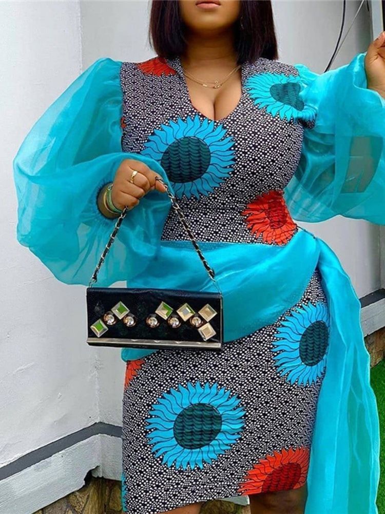 Patchwork Långärmad Mid-Kalf Lyktaärmad Bodycon-Klänning