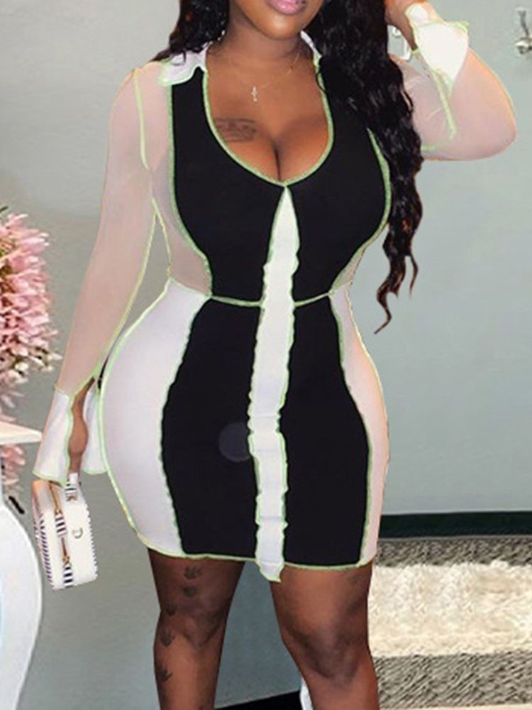 Patchwork Långärmad Över Knäet Bodycon Sexig Klänning För Kvinnor