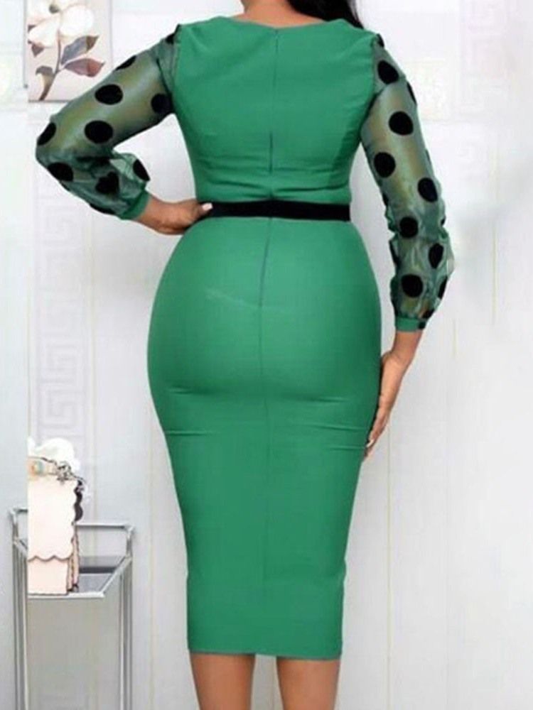 Patchwork Långärmad Tröja Med Fyrkantig Hals Polka Dots Bodycon Klänning