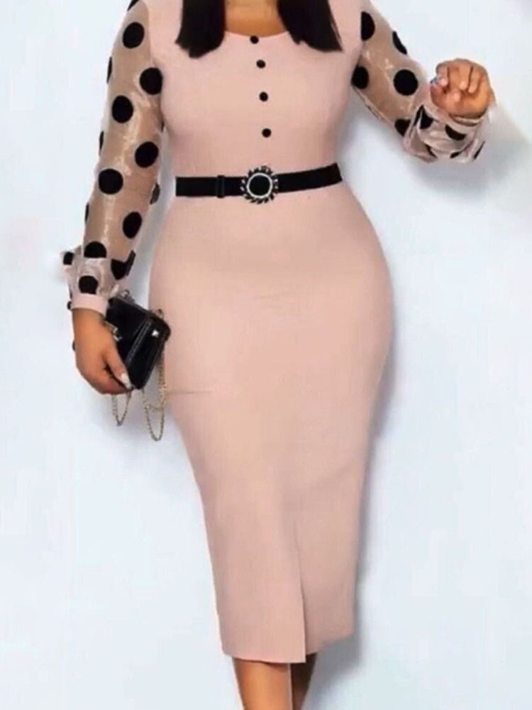 Patchwork Långärmad Tröja Med Fyrkantig Hals Polka Dots Bodycon Klänning
