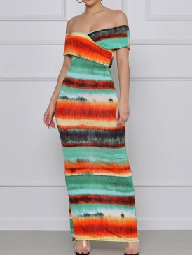 Patchwork Off Shoulder Golvlång Bodycon Vanlig Bodycon-Klänning