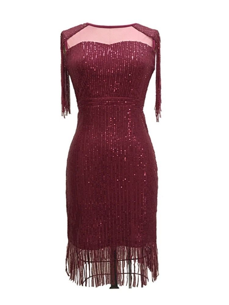 Patchwork Rund Hals Ovanför Knä Fall Hög Midja Bodycon Klänning