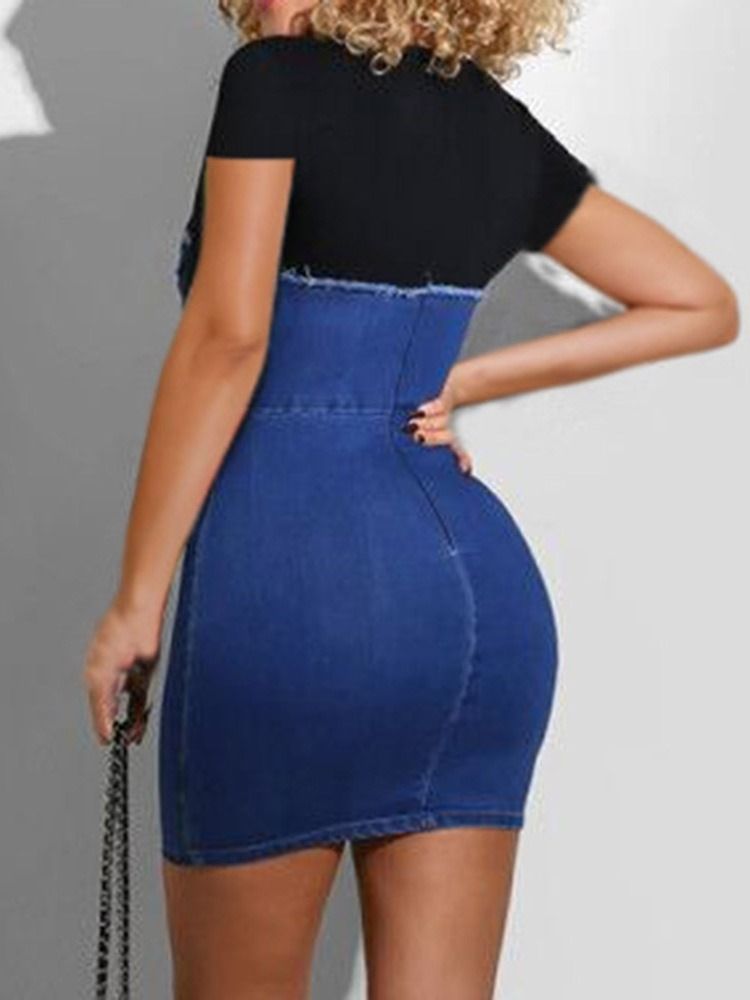 Patchwork Rundhalsad Kortärmad Bodycon Pulloverklänning