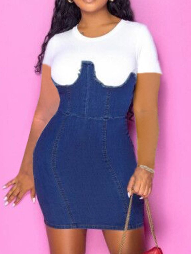Patchwork Rundhalsad Kortärmad Bodycon Pulloverklänning