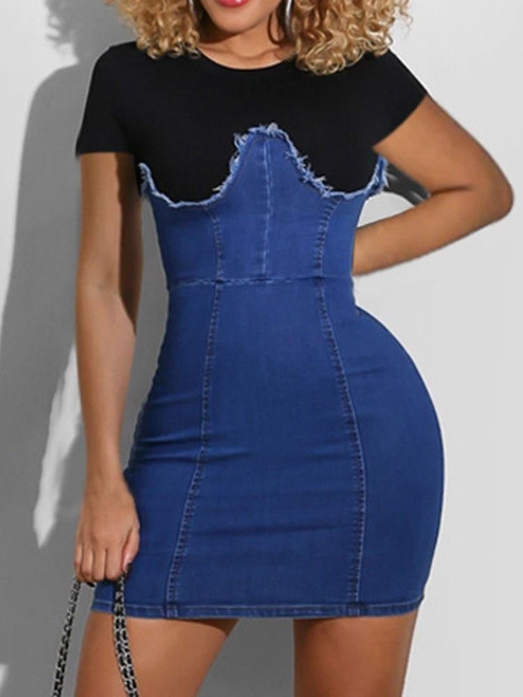 Patchwork Rundhalsad Kortärmad Bodycon Pulloverklänning