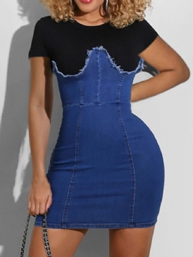 Patchwork Rundhalsad Kortärmad Bodycon Pulloverklänning