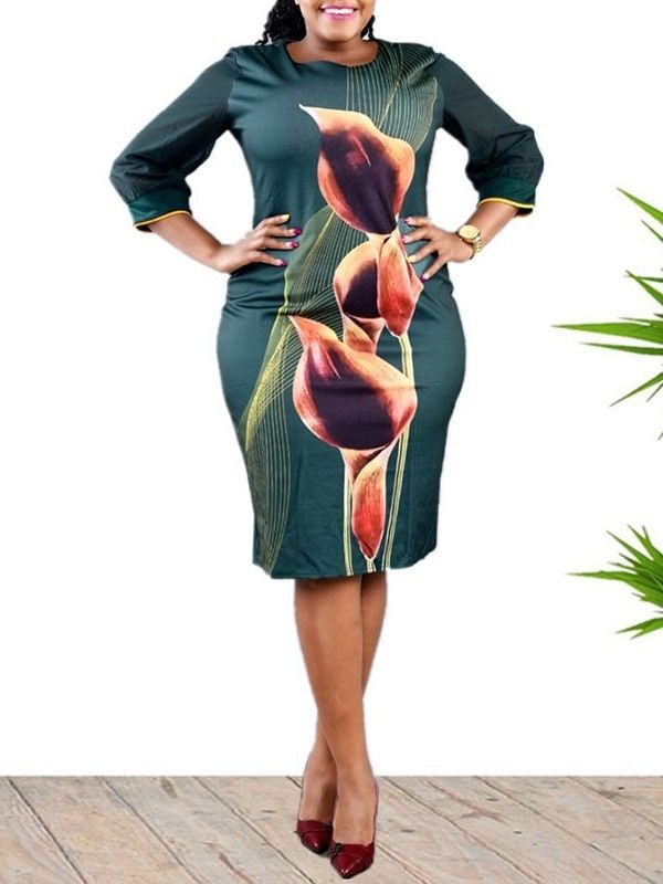 Patchwork Trekvartsärm Knälång Bodycon Höstklänning