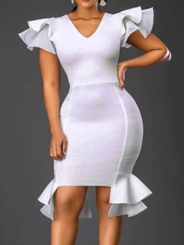 Patchwork V-Ringad Kortärmad Bodycon-Klänning