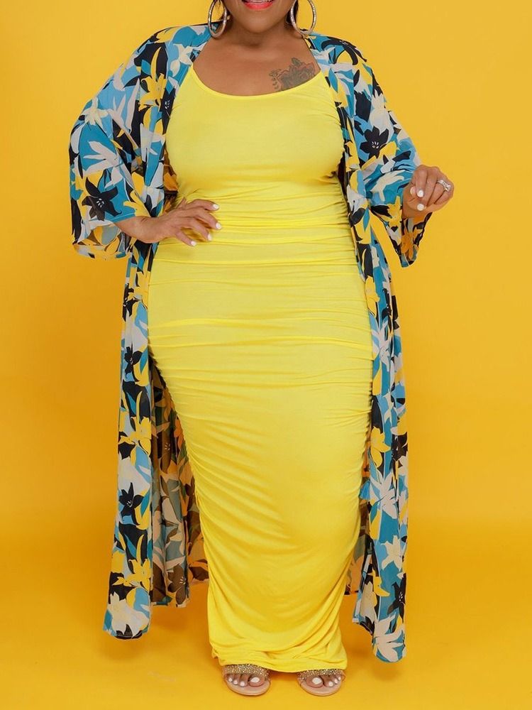 Plisserad Golvlång Ärmlös Tröja Bodycon Klänning Plus Size