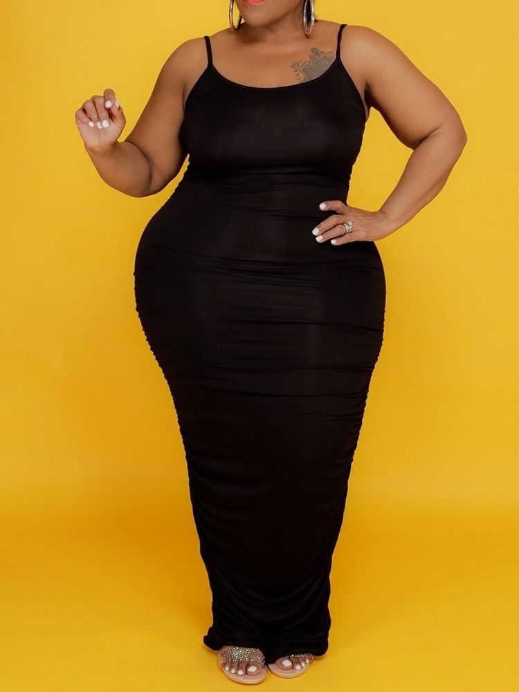 Plisserad Golvlång Ärmlös Tröja Bodycon Klänning Plus Size