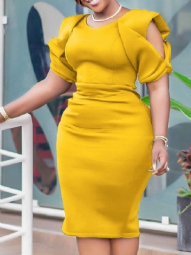 Plisserad Rund Halsad Kortärmad Bodycon High Waist Bodycon Klänning
