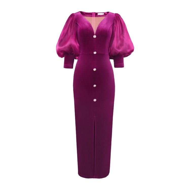 Plus Size Ankellång V-Hals Split Bodycon Höstklänning