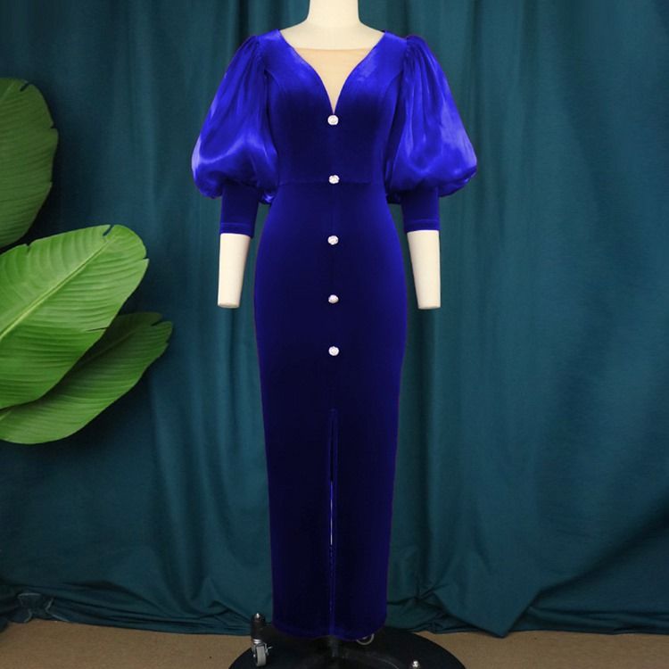 Plus Size Ankellång V-Hals Split Bodycon Höstklänning