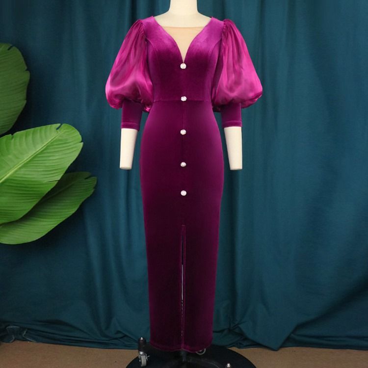 Plus Size Ankellång V-Hals Split Bodycon Höstklänning