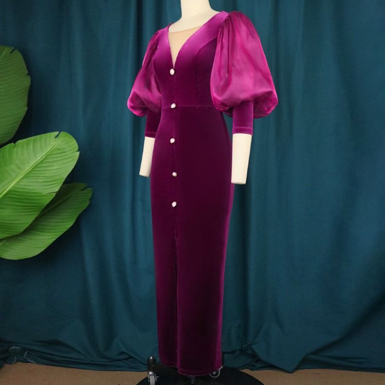 Plus Size Ankellång V-Hals Split Bodycon Höstklänning