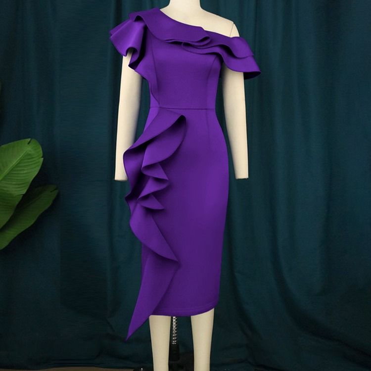 Plus Size Kortärmad Snedkrage Mid-Calf Fashion Bodycon Klänning