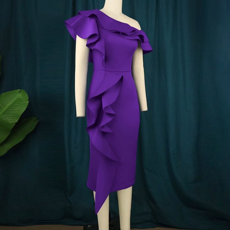 Plus Size Kortärmad Snedkrage Mid-Calf Fashion Bodycon Klänning