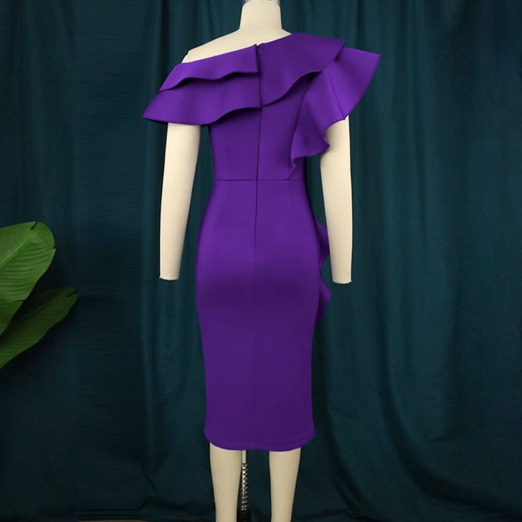 Plus Size Kortärmad Snedkrage Mid-Calf Fashion Bodycon Klänning