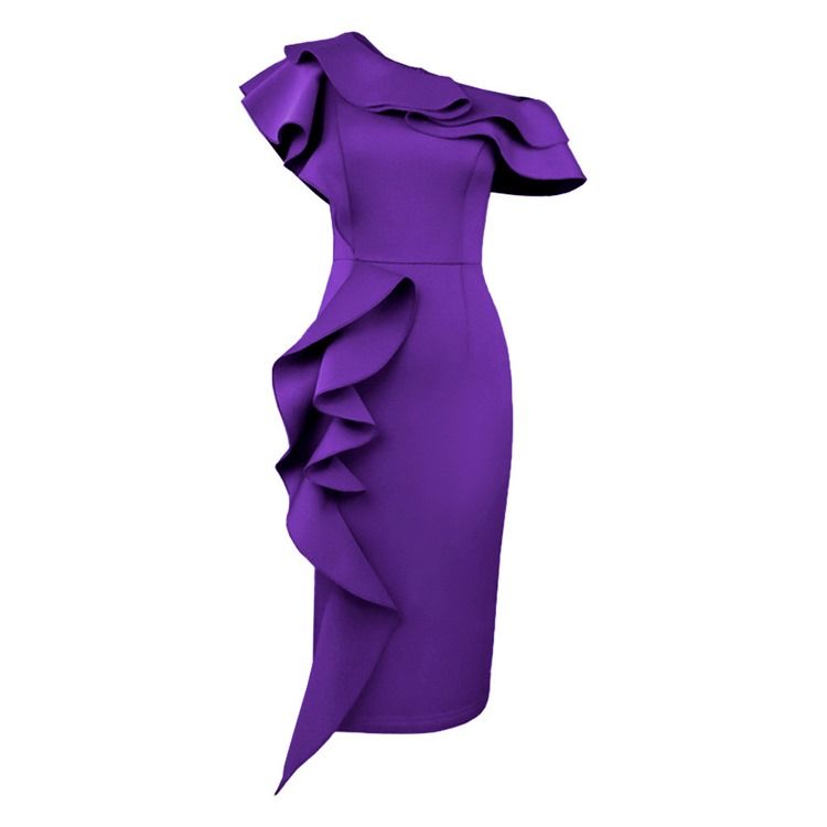 Plus Size Kortärmad Snedkrage Mid-Calf Fashion Bodycon Klänning