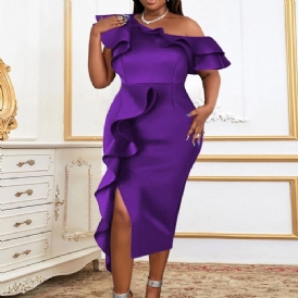 Plus Size Kortärmad Snedkrage Mid-Calf Fashion Bodycon Klänning