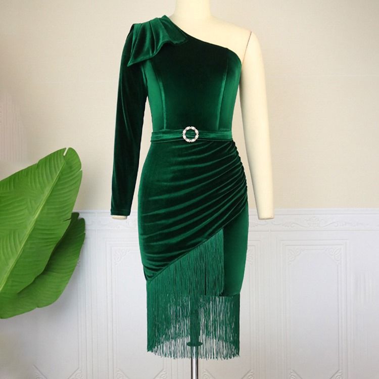 Plus Size Långärmad Tofs Snedkrage Pullover Mode Bodycon Klänning
