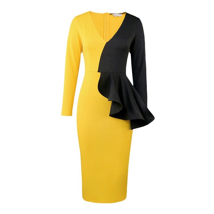 Plus Size Mid-Calf Falbala Långärmad Vanlig Höst Bodycon-Klänning