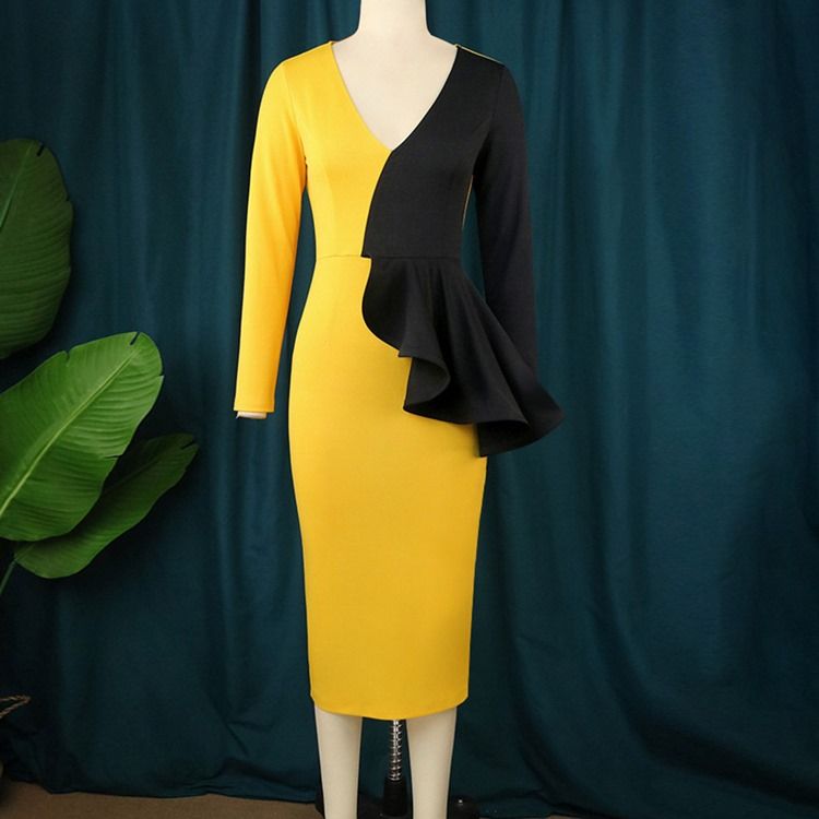 Plus Size Mid-Calf Falbala Långärmad Vanlig Höst Bodycon-Klänning