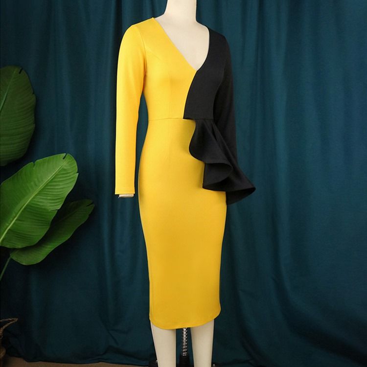 Plus Size Mid-Calf Falbala Långärmad Vanlig Höst Bodycon-Klänning