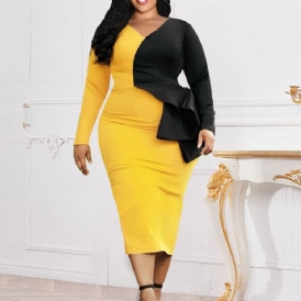 Plus Size Mid-Calf Falbala Långärmad Vanlig Höst Bodycon-Klänning