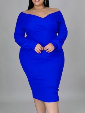 Plus Size Mid-Kalv V-Hals Långärmad Tröja Modeklänning
