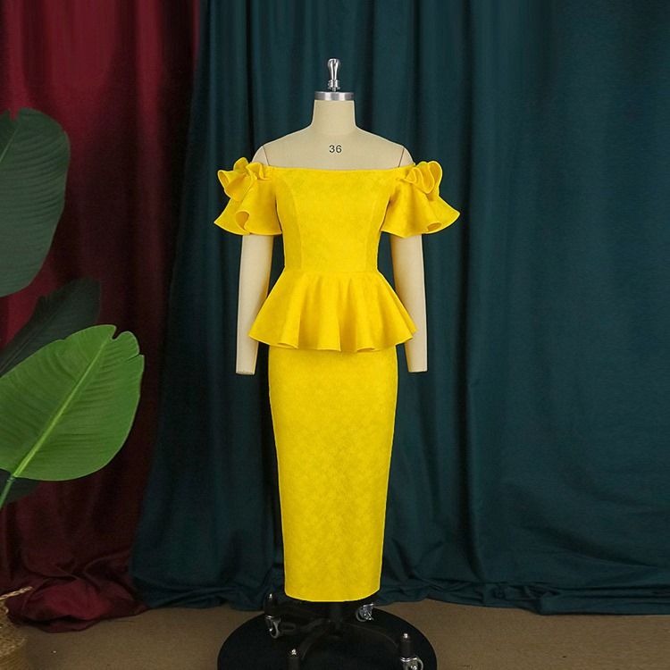 Plus Size Off Shoulder Falbala Kortärmad Petal Sleeve Office Lady Bodycon Klänning